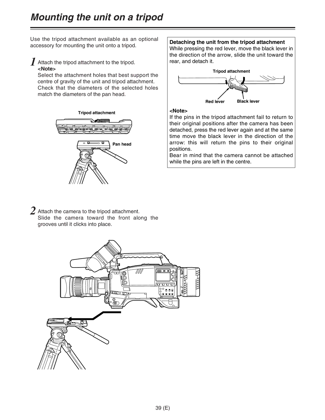 Panasonic AJ-HDC27FE operating instructions Mounting the unit on a tripod, 39 E 