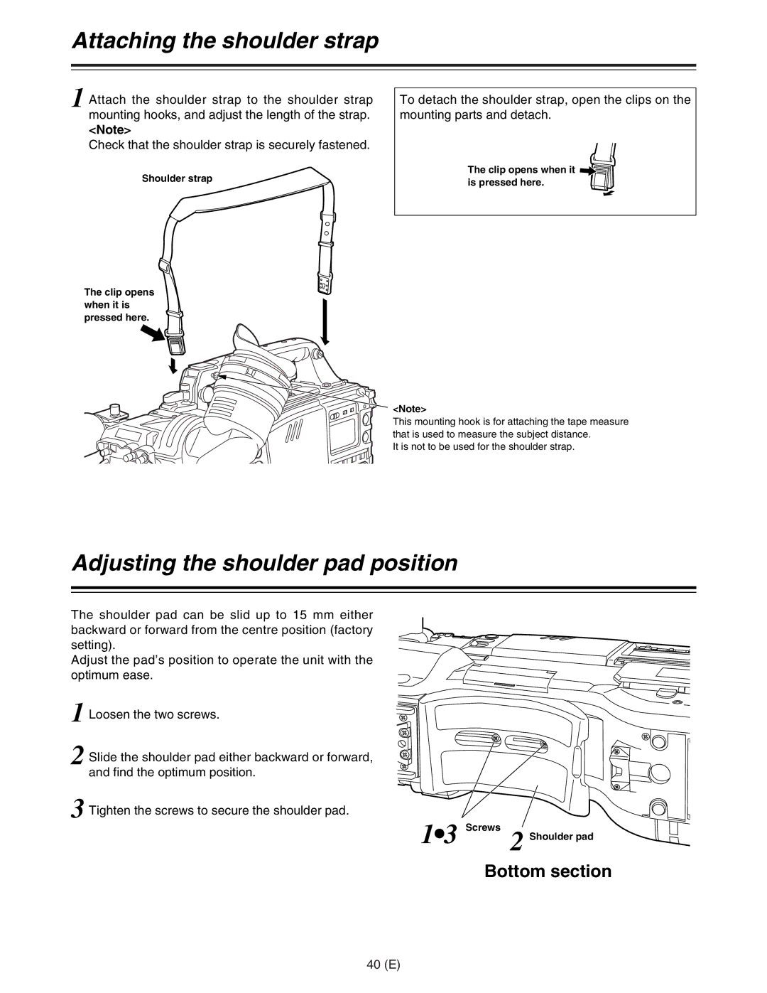 Panasonic AJ-HDC27FE Attaching the shoulder strap, Adjusting the shoulder pad position, Bottom section, 40 E 