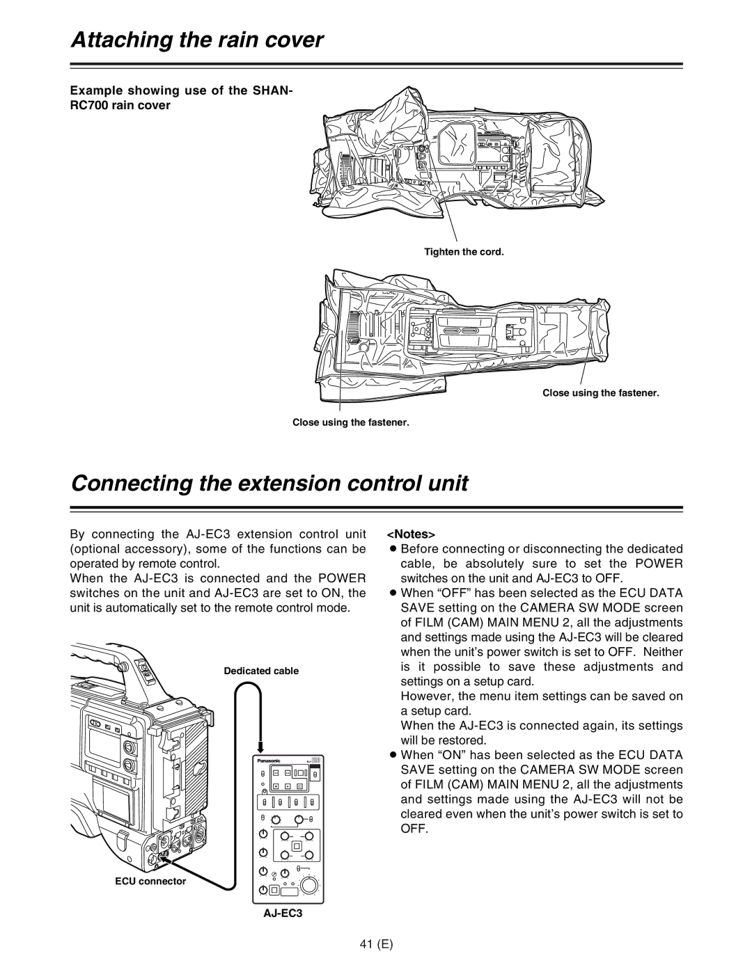 Panasonic AJ-HDC27FE operating instructions Attaching the rain cover, Connecting the extension control unit, 41 E 