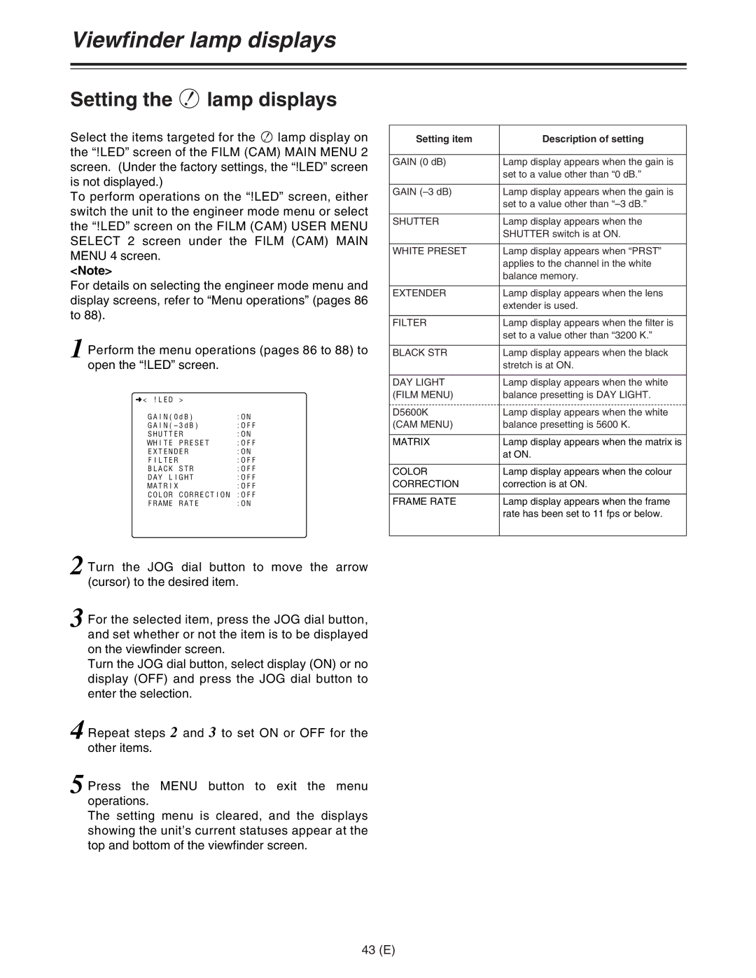 Panasonic AJ-HDC27FE Viewfinder lamp displays, Setting the lamp displays, 43 E, Setting item Description of setting 