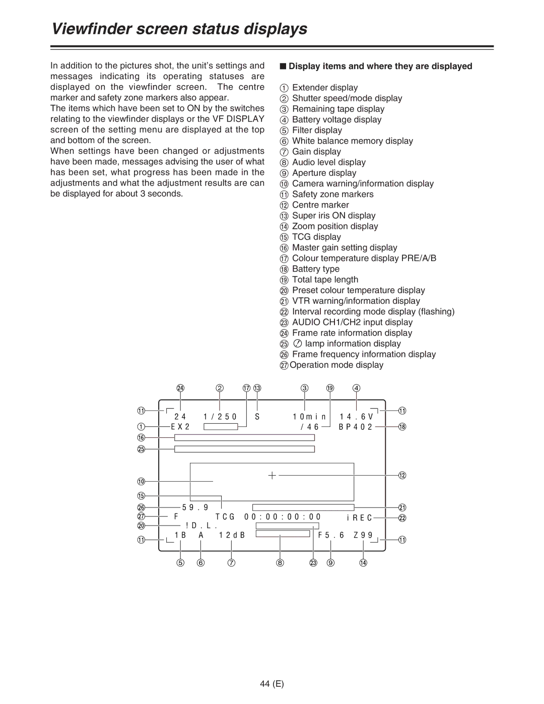 Panasonic AJ-HDC27FE Viewfinder screen status displays, $ Display items and where they are displayed, 44 E 