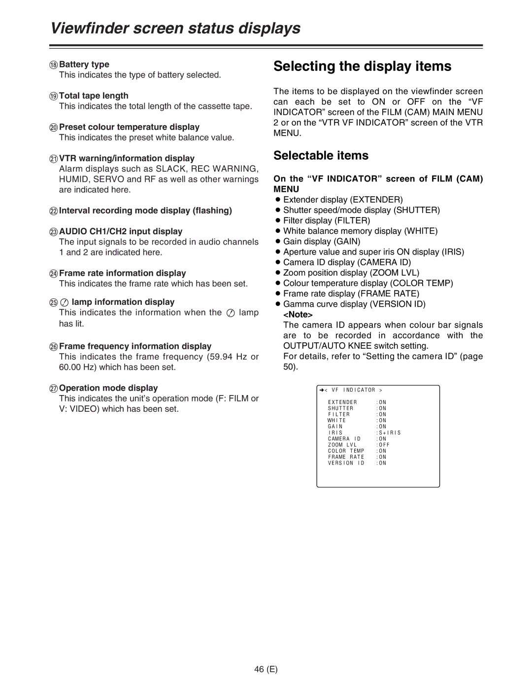 Panasonic AJ-HDC27FE operating instructions Selectable items 