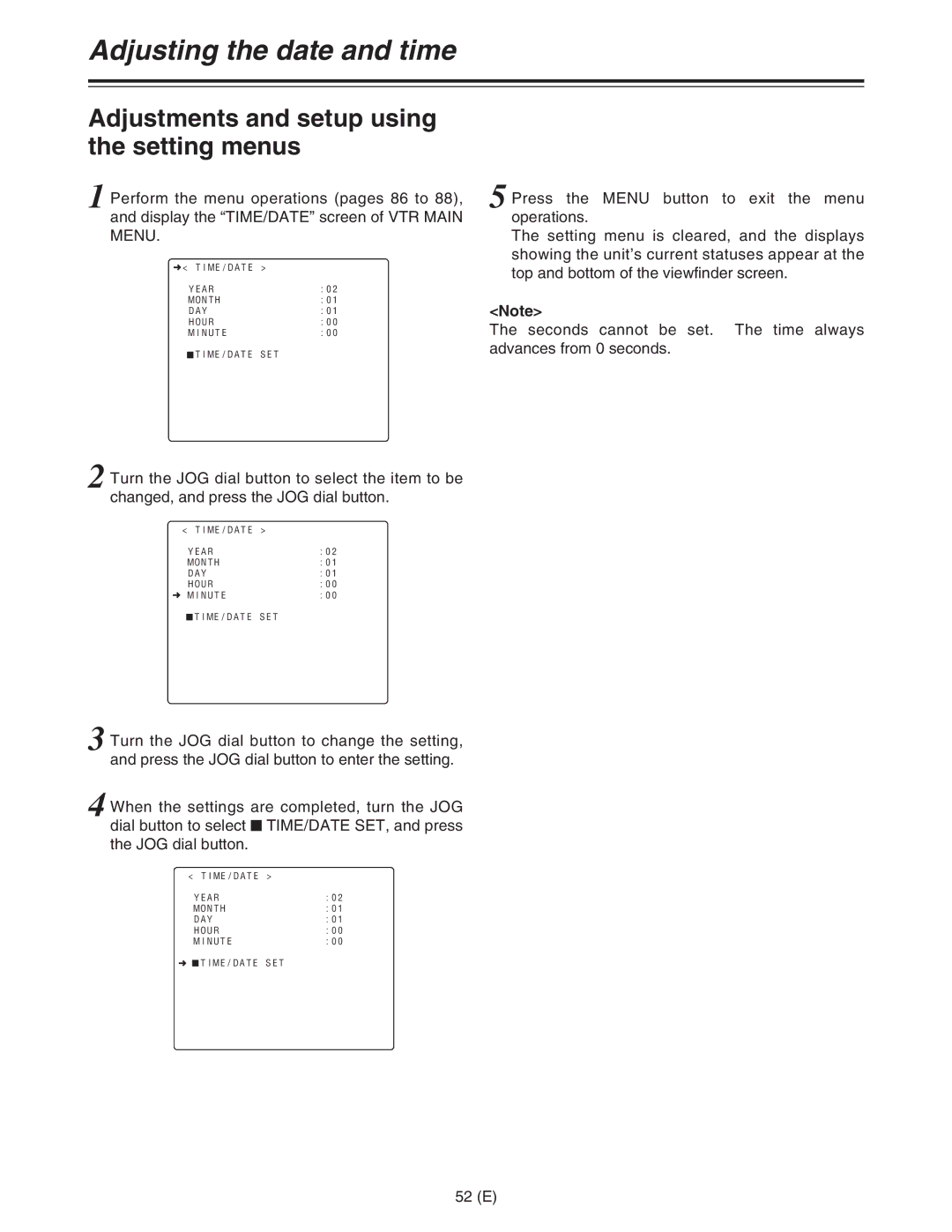 Panasonic AJ-HDC27FE Adjusting the date and time, Adjustments and setup using the setting menus, 52 E 