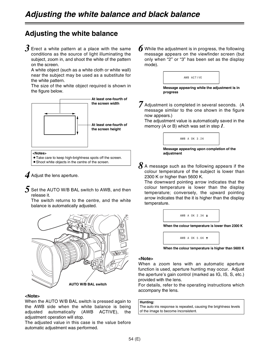 Panasonic AJ-HDC27FE operating instructions 54 E, Hunting 