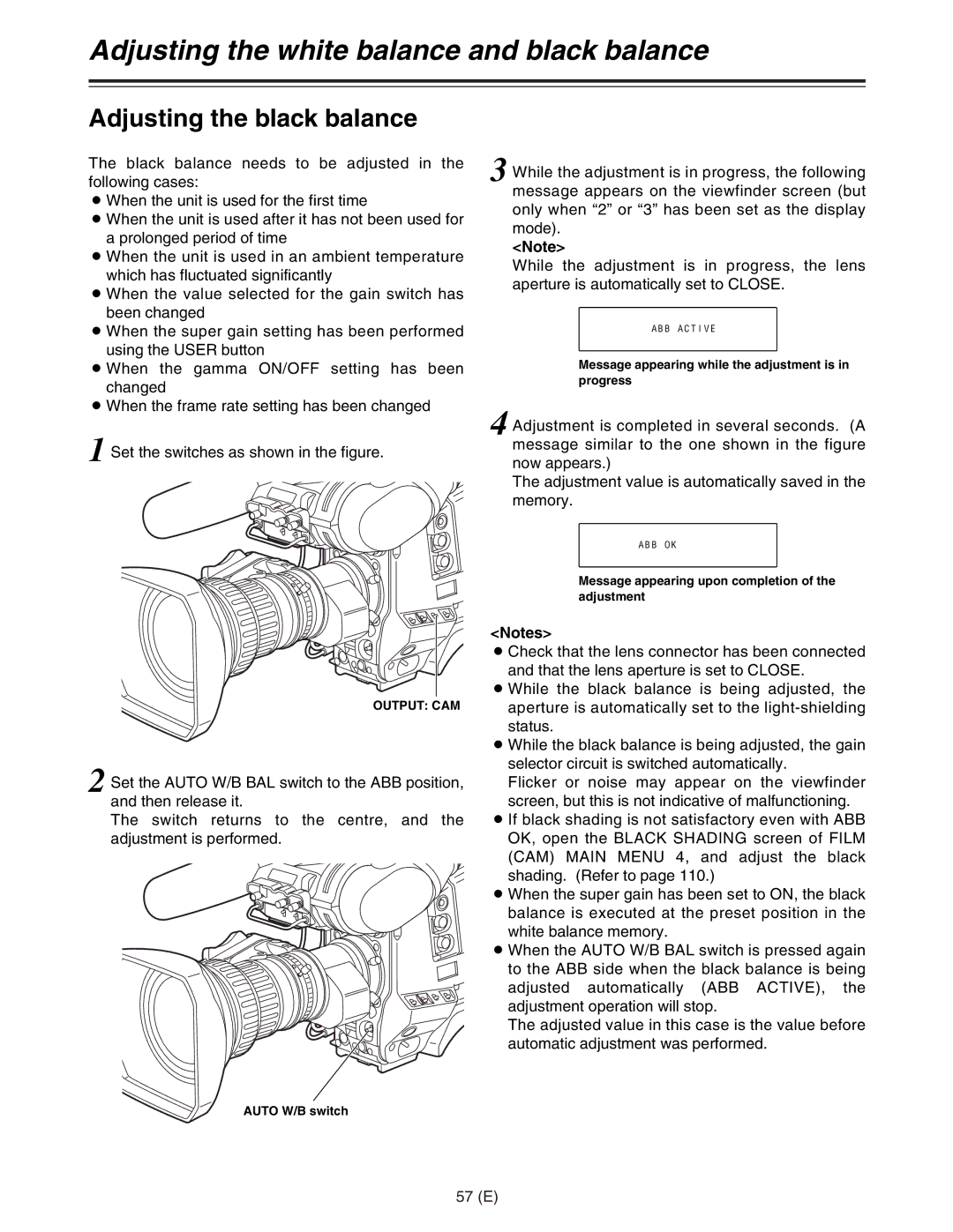 Panasonic AJ-HDC27FE operating instructions Adjusting the black balance, 57 E 