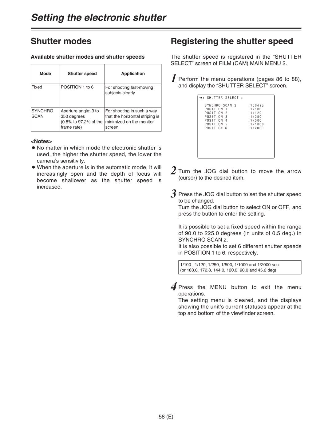 Panasonic AJ-HDC27FE operating instructions Setting the electronic shutter, Shutter modes Registering the shutter speed 