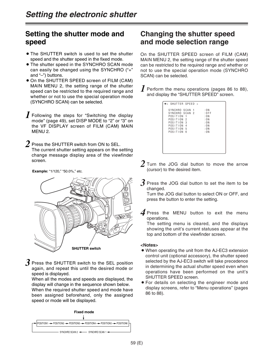 Panasonic AJ-HDC27FE operating instructions Changing the shutter speed, Mode selection range 