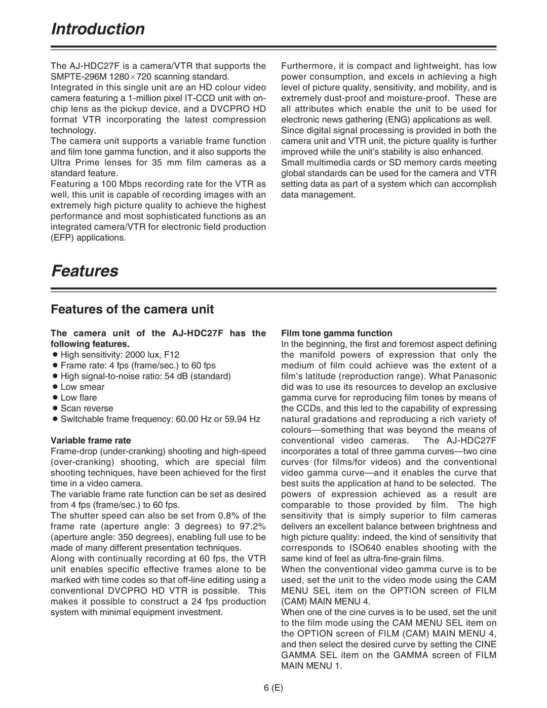 Panasonic AJ-HDC27FE operating instructions Introduction, Features of the camera unit 