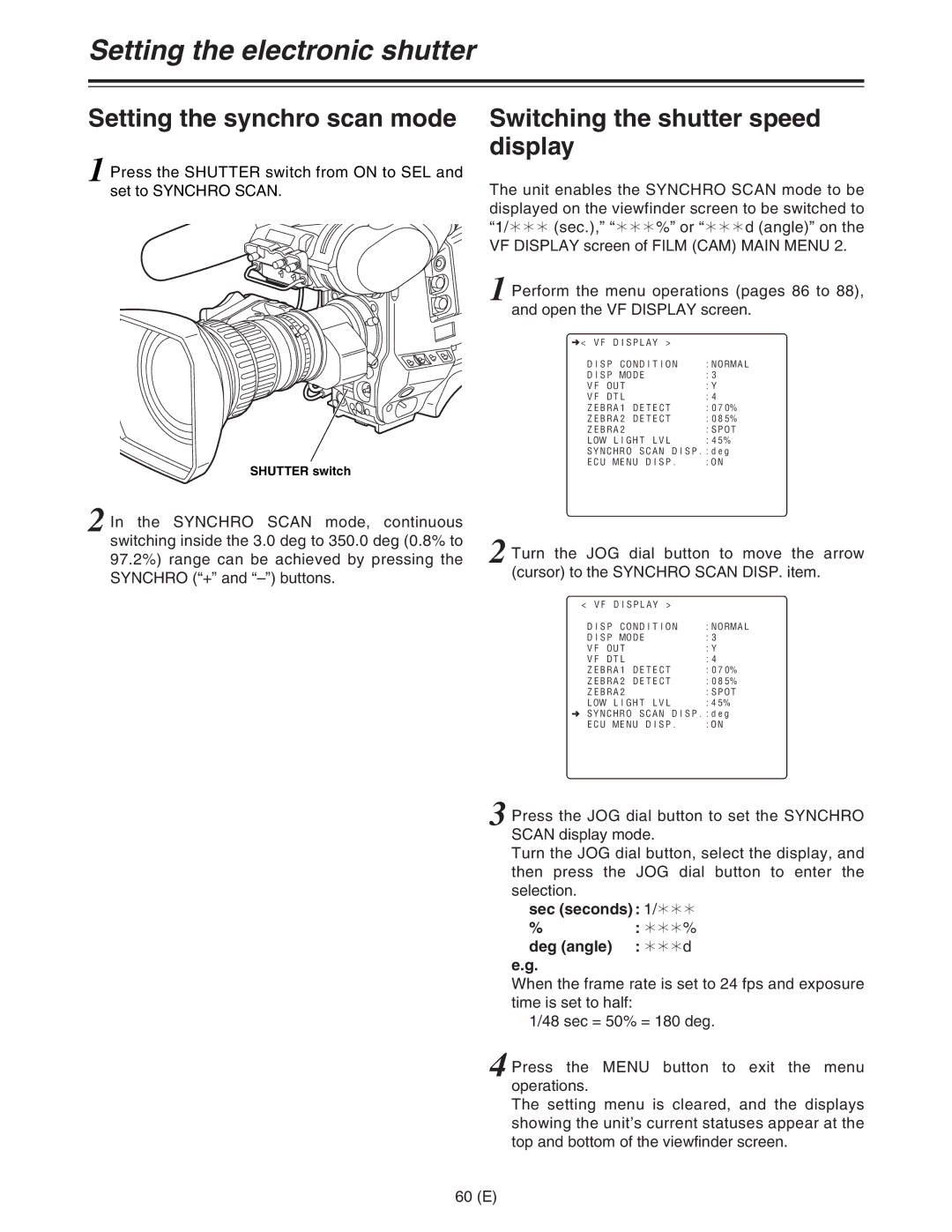 Panasonic AJ-HDC27FE Setting the synchro scan mode, Switching the shutter speed display, Sec seconds 1/¢¢¢, Deg angle 