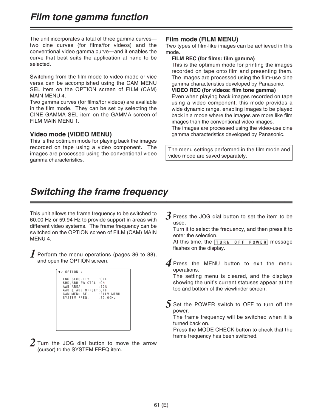 Panasonic AJ-HDC27FE Film tone gamma function, Switching the frame frequency, Video mode Video Menu, Film mode Film Menu 