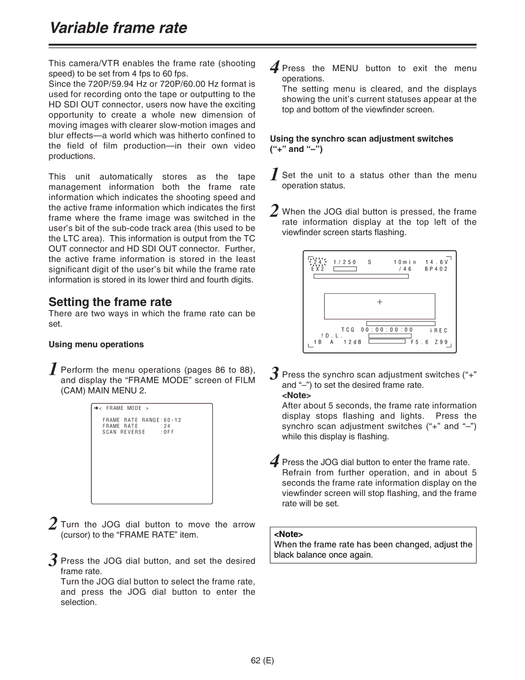 Panasonic AJ-HDC27FE Variable frame rate, Setting the frame rate, Using the synchro scan adjustment switches + 