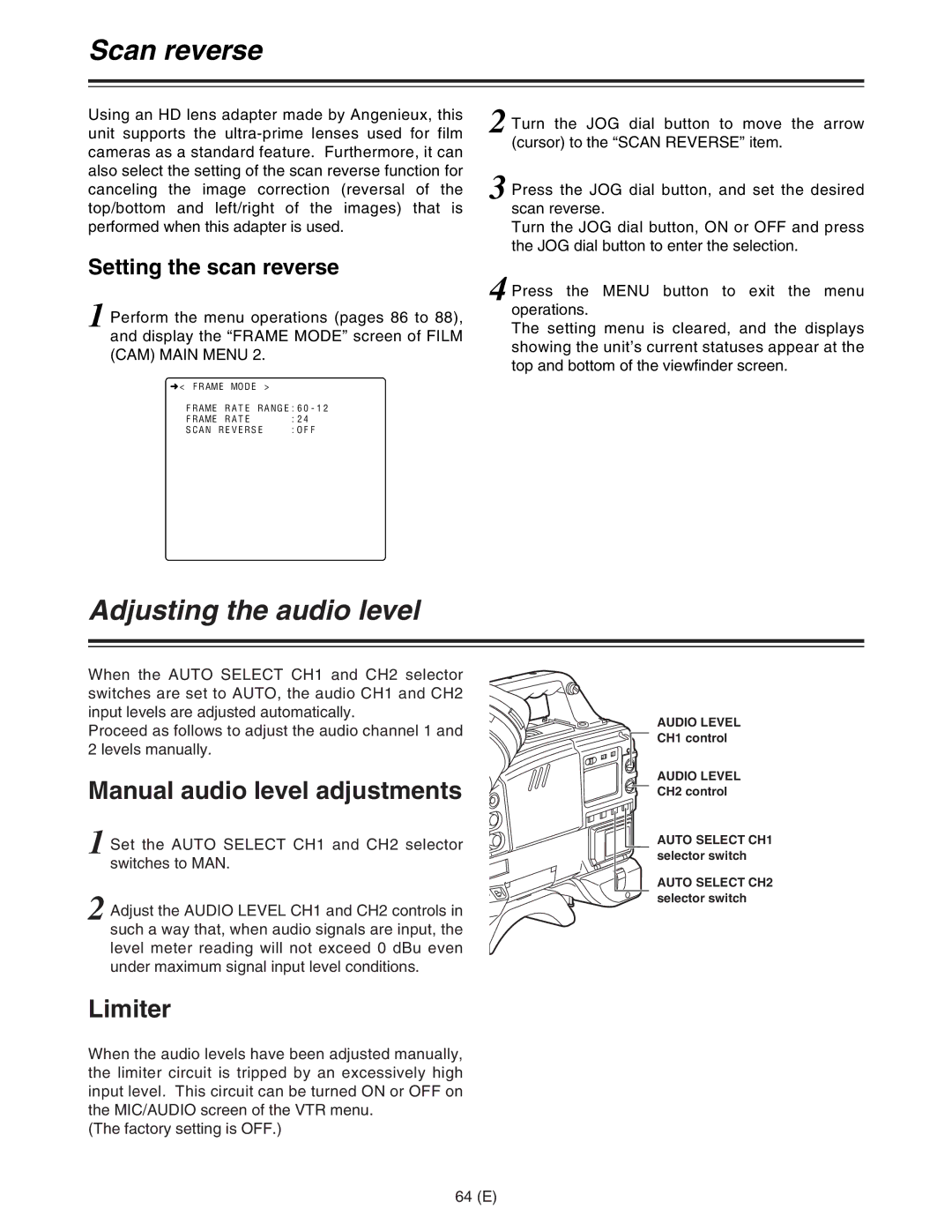 Panasonic AJ-HDC27FE Scan reverse, Adjusting the audio level, Manual audio level adjustments, Limiter 