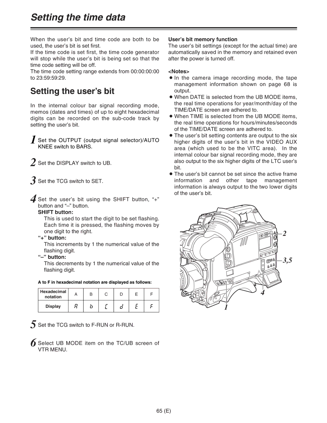 Panasonic AJ-HDC27FE Setting the time data, Setting the user’s bit, + button, Button, User’s bit memory function 