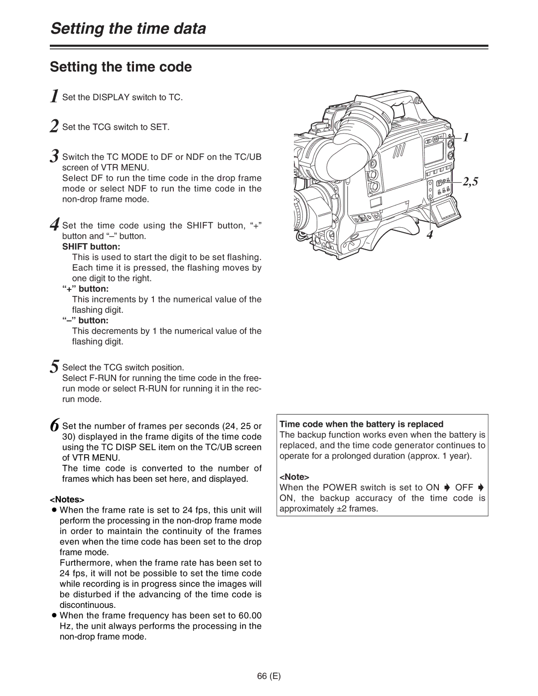 Panasonic AJ-HDC27FE operating instructions Setting the time code, Time code when the battery is replaced 