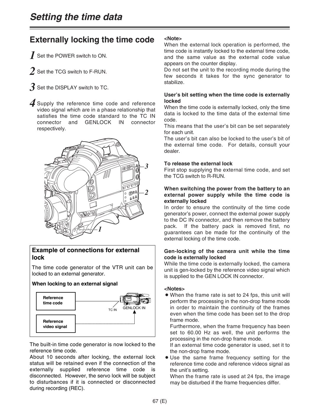 Panasonic AJ-HDC27FE Externally locking the time code, When locking to an external signal, To release the external lock 