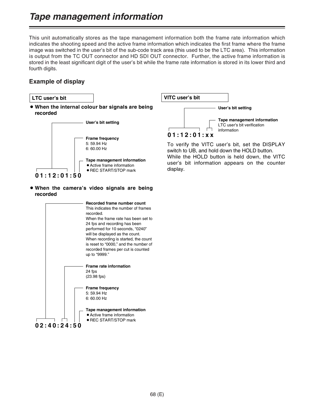 Panasonic AJ-HDC27FE operating instructions Tape management information, Example of display, Vitc user’s bit, 68 E 