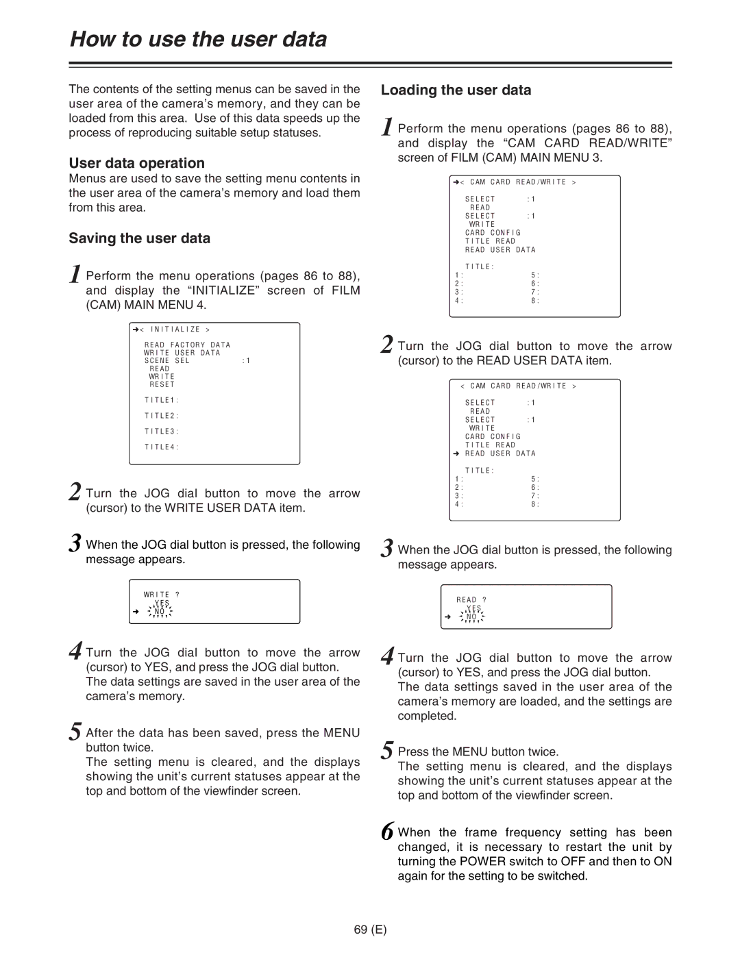 Panasonic AJ-HDC27FE How to use the user data, User data operation, Saving the user data, Loading the user data, 69 E 