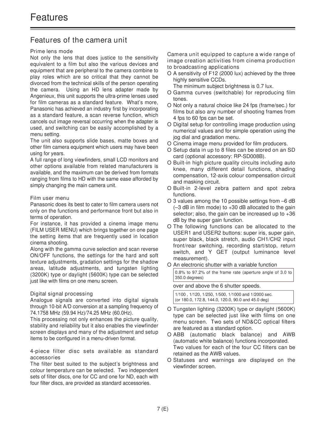 Panasonic AJ-HDC27FE Prime lens mode, Film user menu, Digital signal processing, Over and above the 6 shutter speeds 