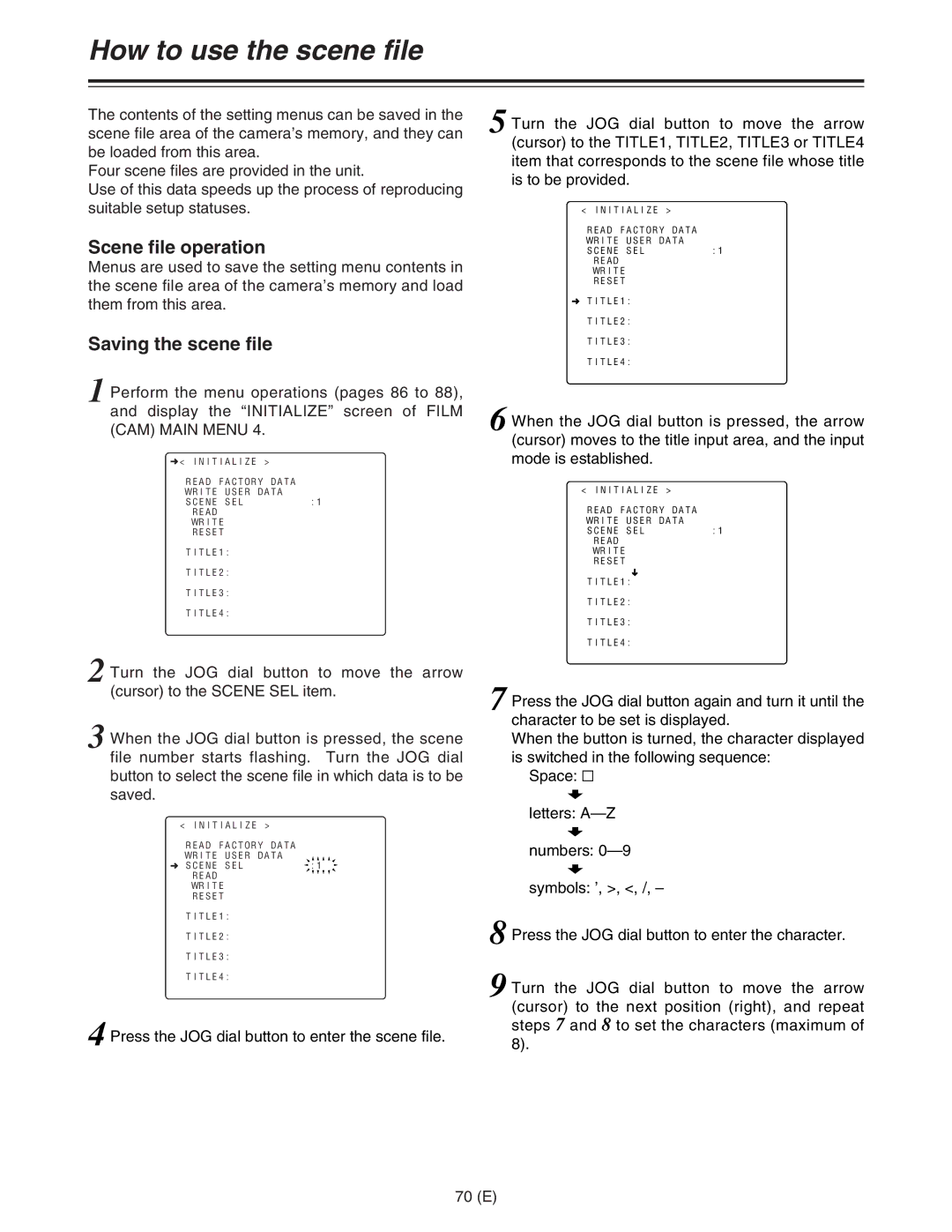 Panasonic AJ-HDC27FE operating instructions How to use the scene file, Scene file operation, Saving the scene file, 70 E 