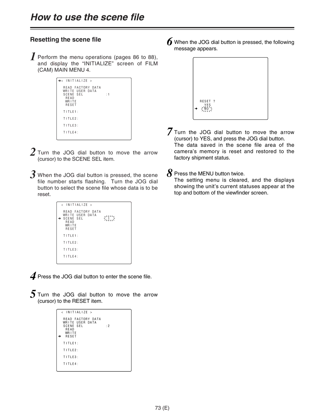 Panasonic AJ-HDC27FE operating instructions Resetting the scene file, 73 E 