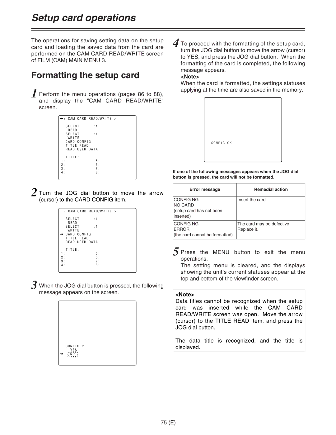 Panasonic AJ-HDC27FE operating instructions Formatting the setup card, 75 E, Error message Remedial action 