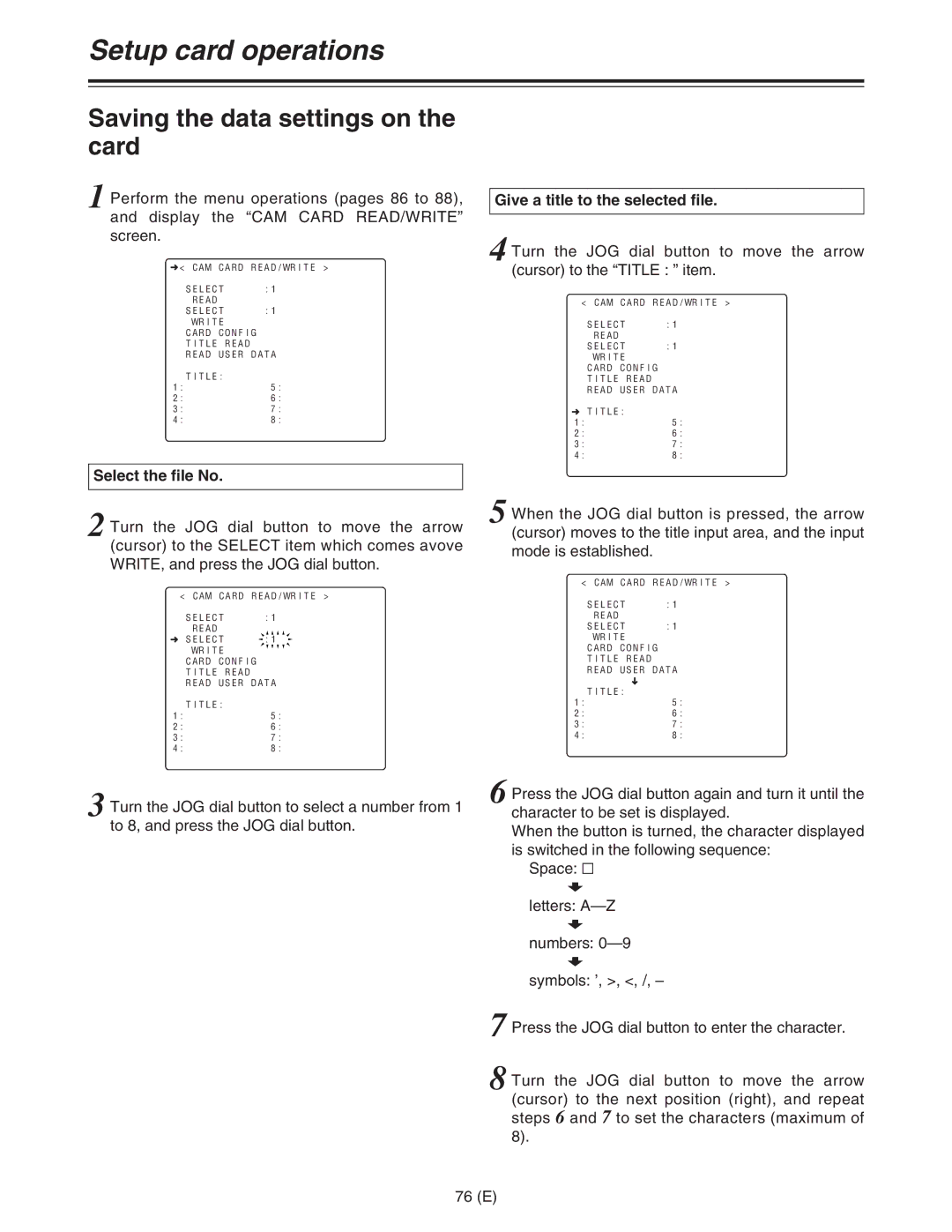 Panasonic AJ-HDC27FE operating instructions Saving the data settings on the card, Select the file No 