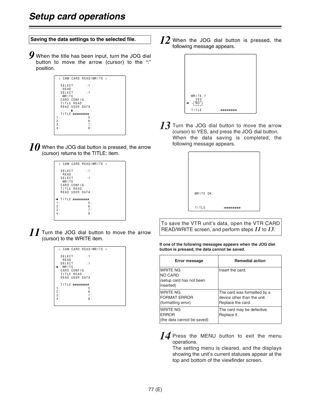 Panasonic AJ-HDC27FE Setup card operations, Saving the data settings to the selected file, Write NG, Format Error 