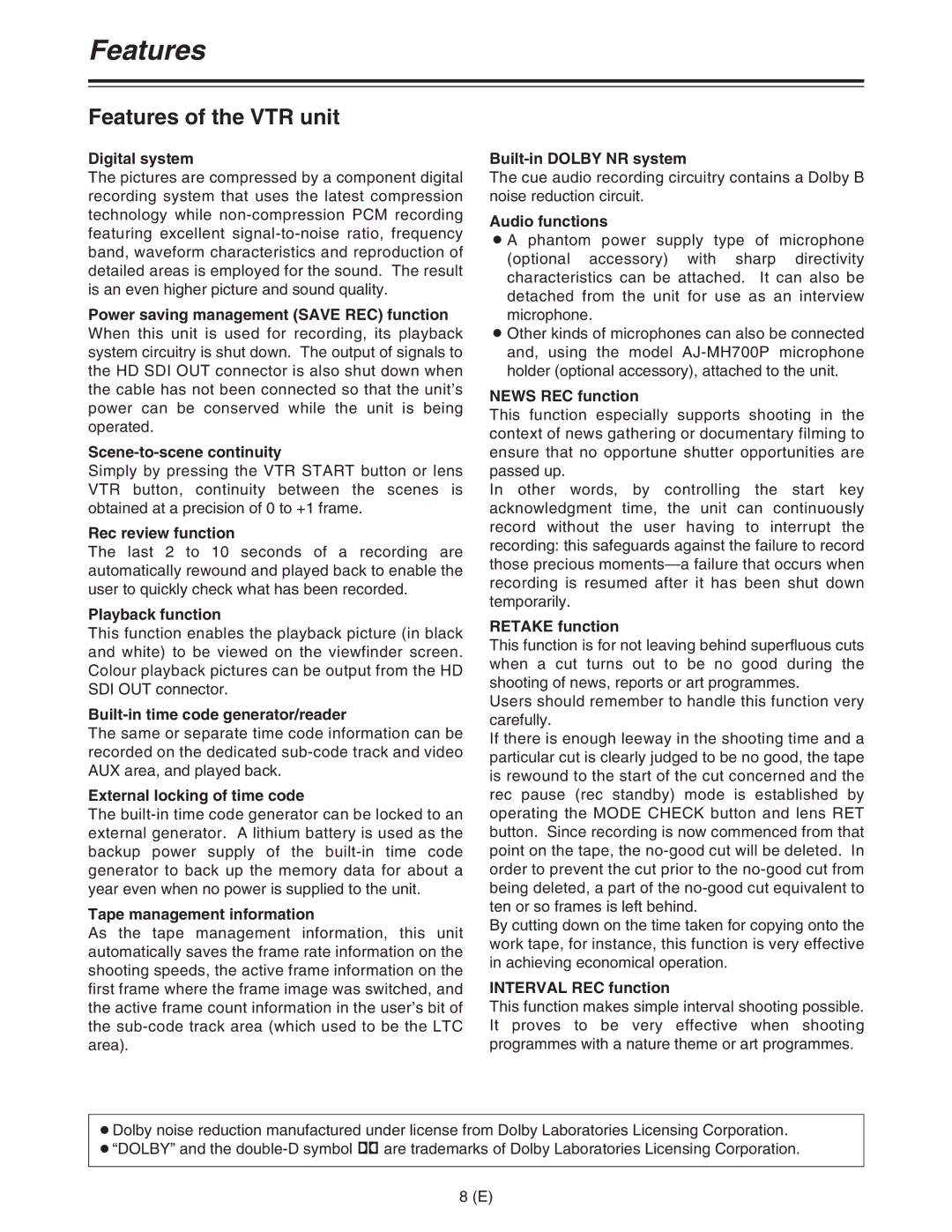 Panasonic AJ-HDC27FE operating instructions Features of the VTR unit 