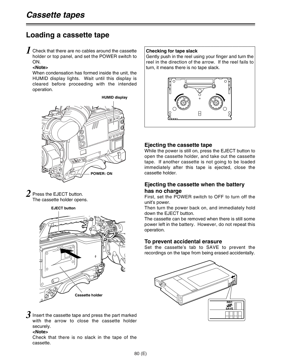 Panasonic AJ-HDC27FE operating instructions Cassette tapes, Checking for tape slack, 80 E 