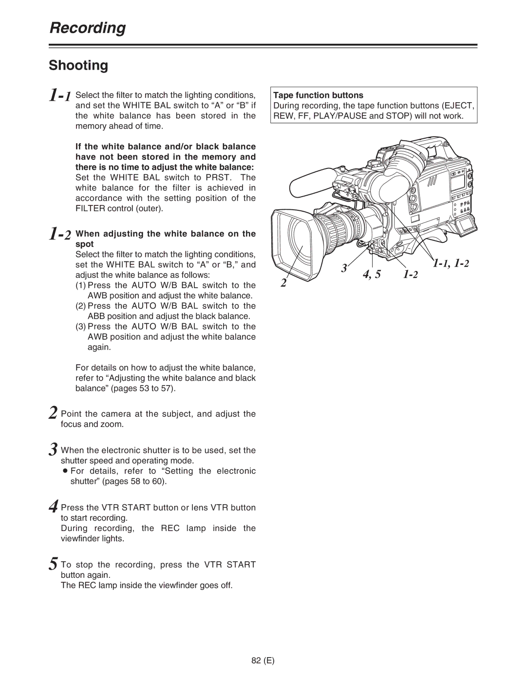 Panasonic AJ-HDC27FE operating instructions Recording, Shooting, Tape function buttons 