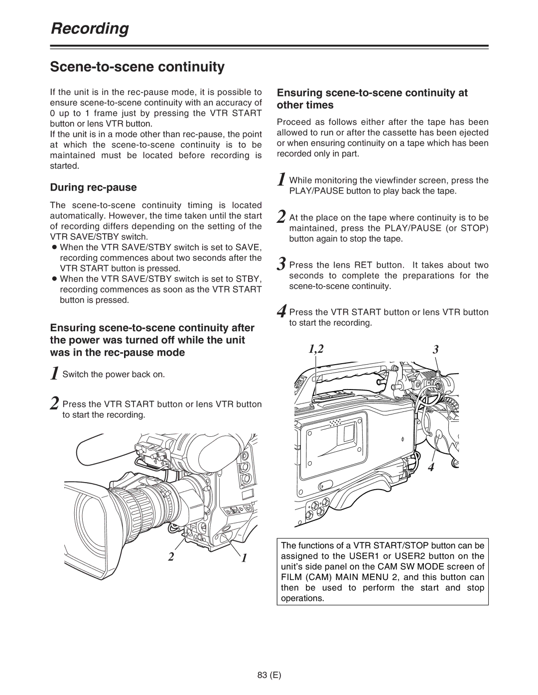 Panasonic AJ-HDC27FE Scene-to-scene continuity, During rec-pause, Ensuring scene-to-scene continuity at other times, 83 E 