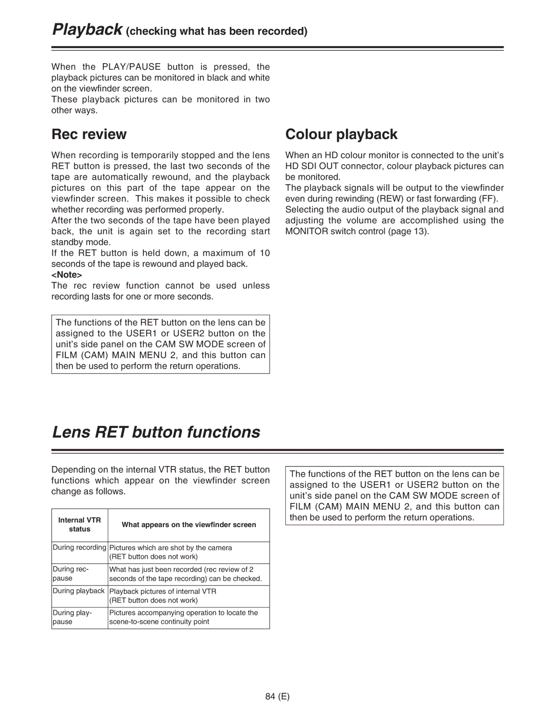 Panasonic AJ-HDC27FE Lens RET button functions, Rec review Colour playback, Playback checking what has been recorded 