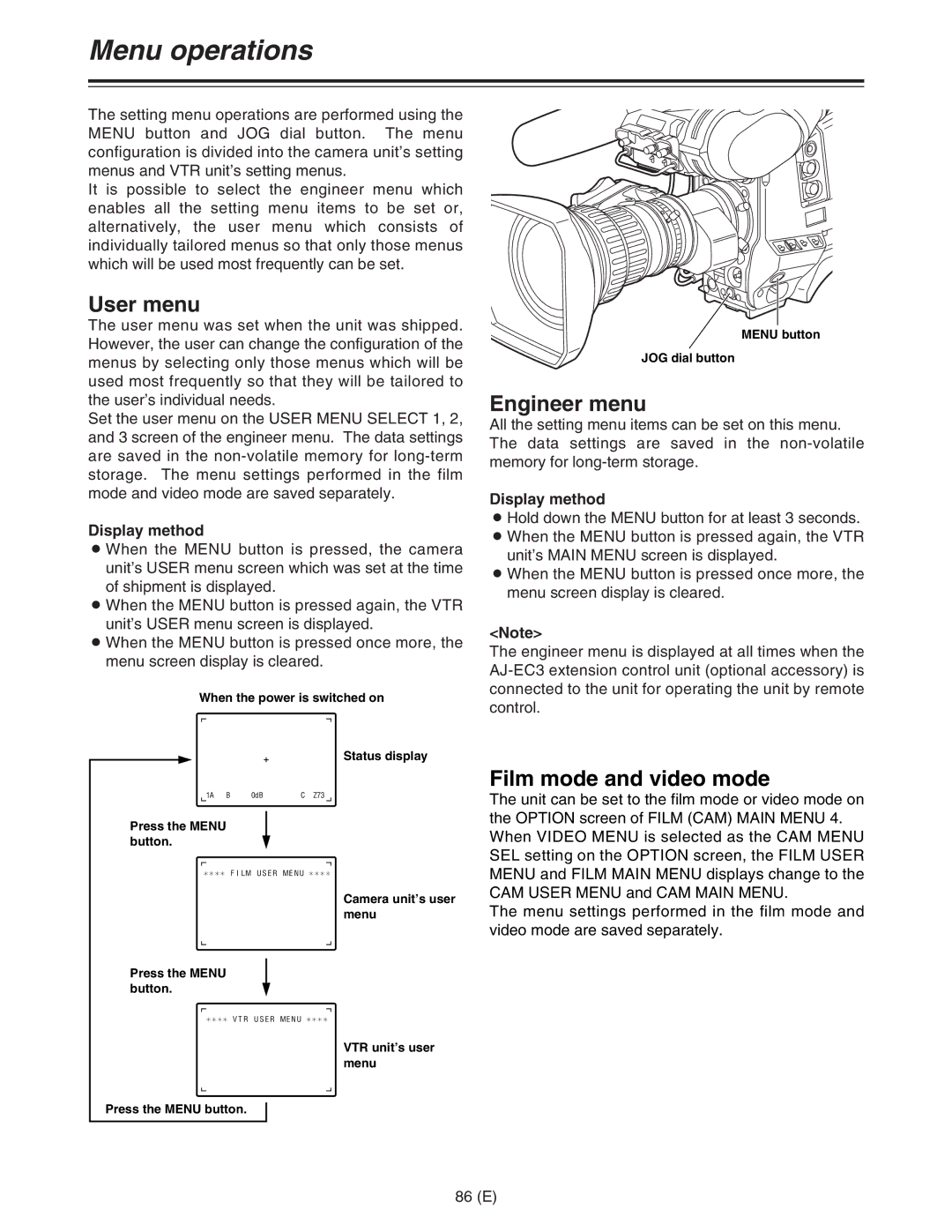 Panasonic AJ-HDC27FE Menu operations, User menu, Engineer menu, Film mode and video mode, Display method 