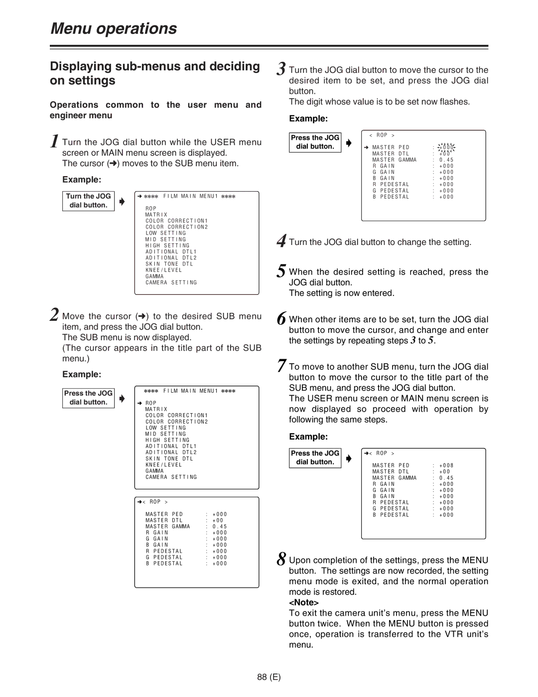 Panasonic AJ-HDC27FE Displaying sub-menus and deciding on settings, Operations common to the user menu and engineer menu 