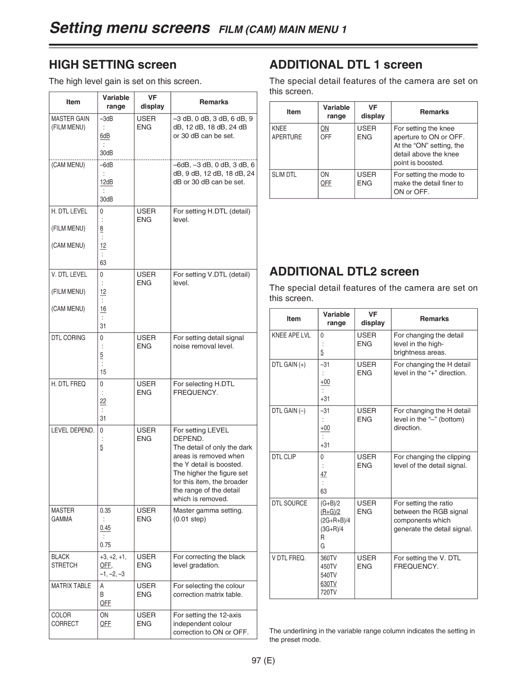 Panasonic AJ-HDC27FE operating instructions High Setting screen, Additional DTL 1 screen, Additional DTL2 screen, 97 E 