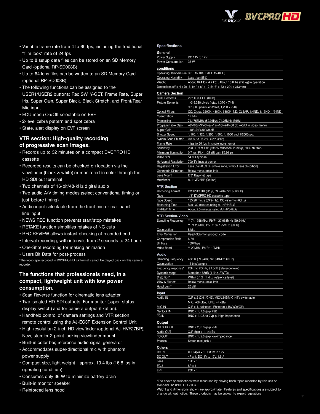 Panasonic AJ-HDC27H manual Specifications 