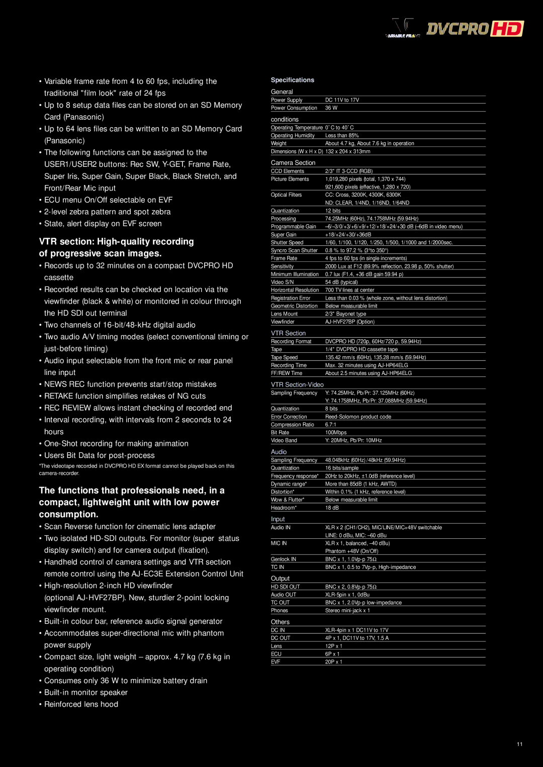 Panasonic AJ-HDC27HE manual Specifications 