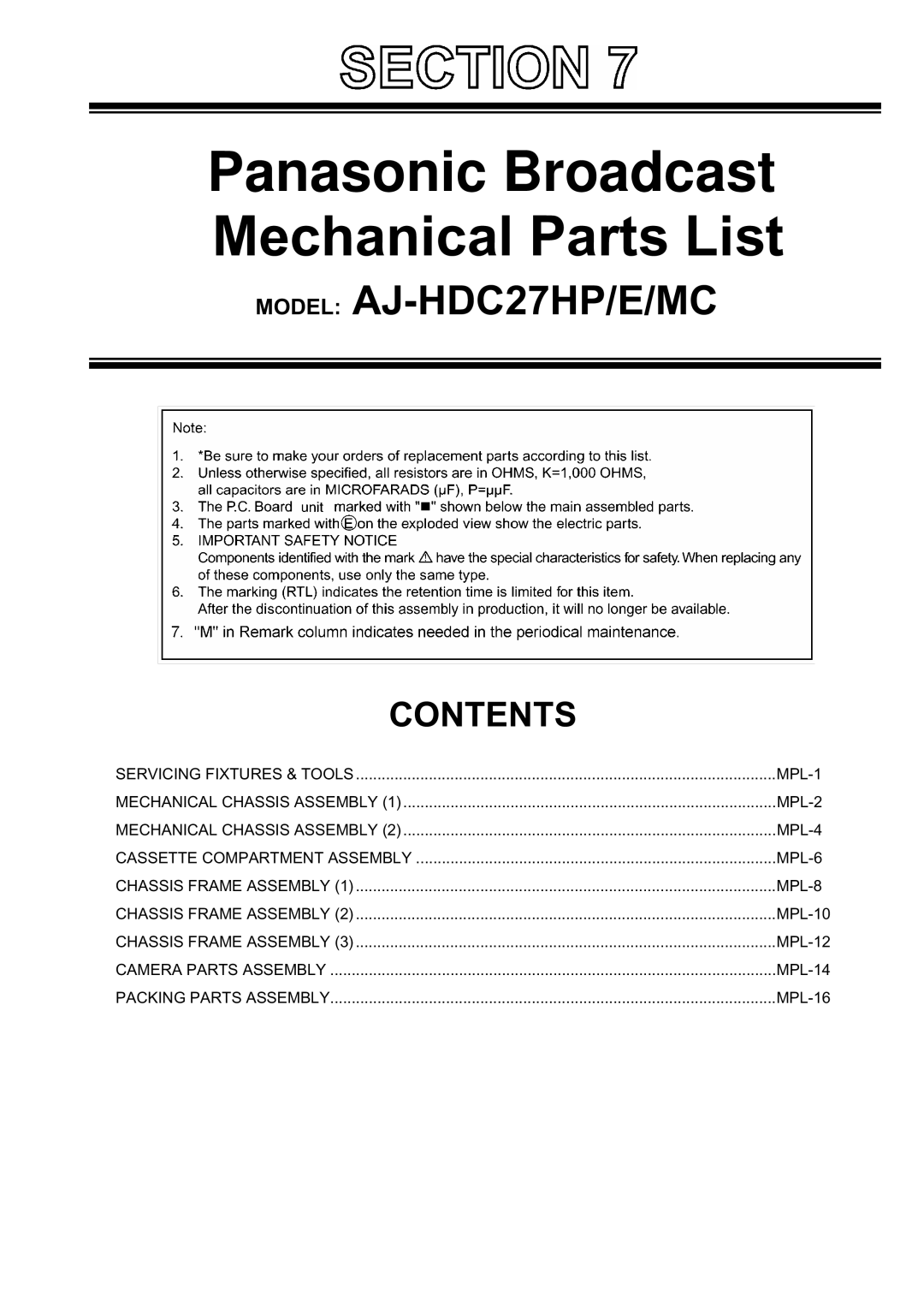 Panasonic AJ-HDC27MC, AJ-HDC27HP/MC manual Panasonic Broadcast Mechanical Parts List 