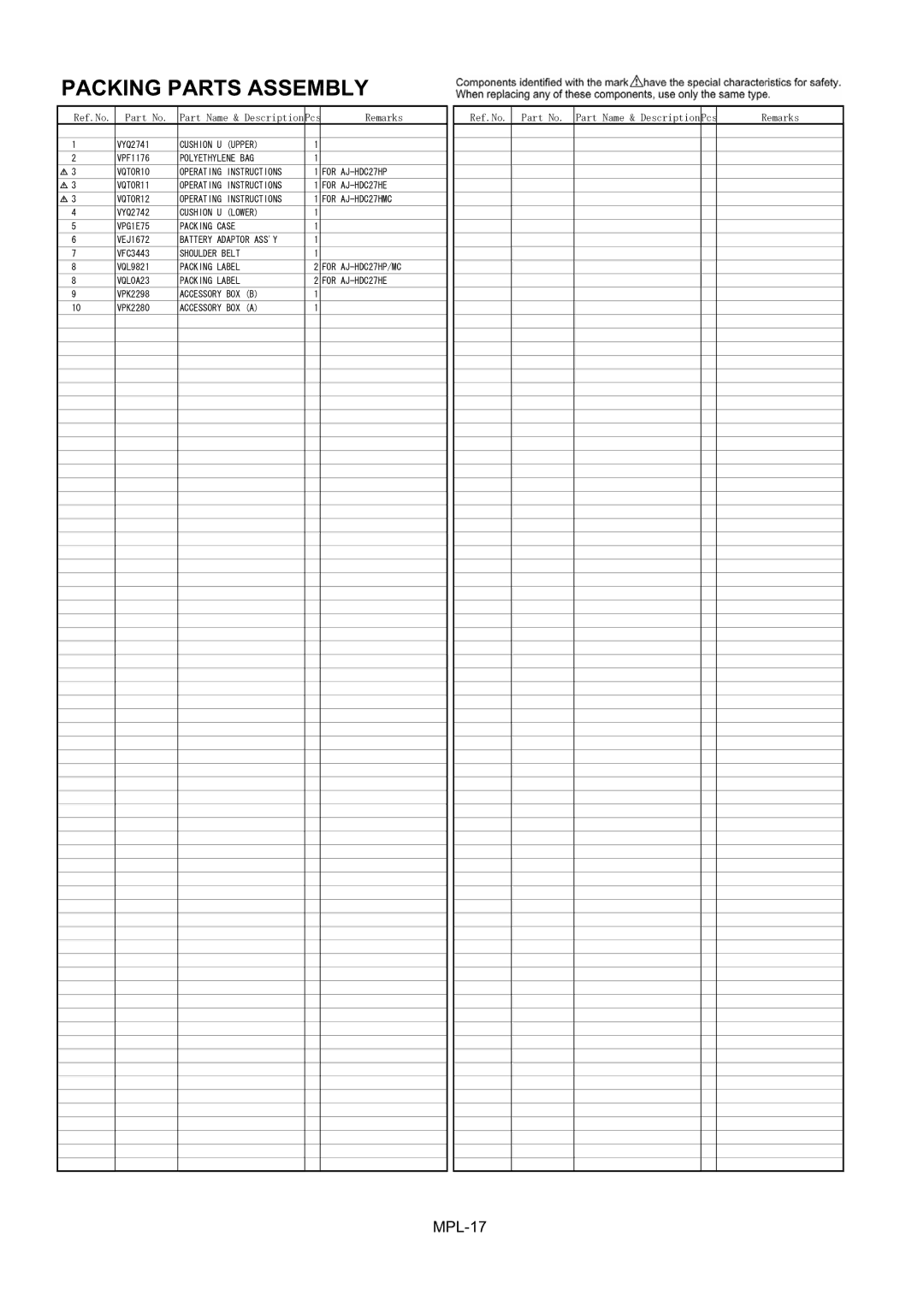 Panasonic AJ-HDC27HP/MC, AJ-HDC27MC manual Packing Parts Assembly 