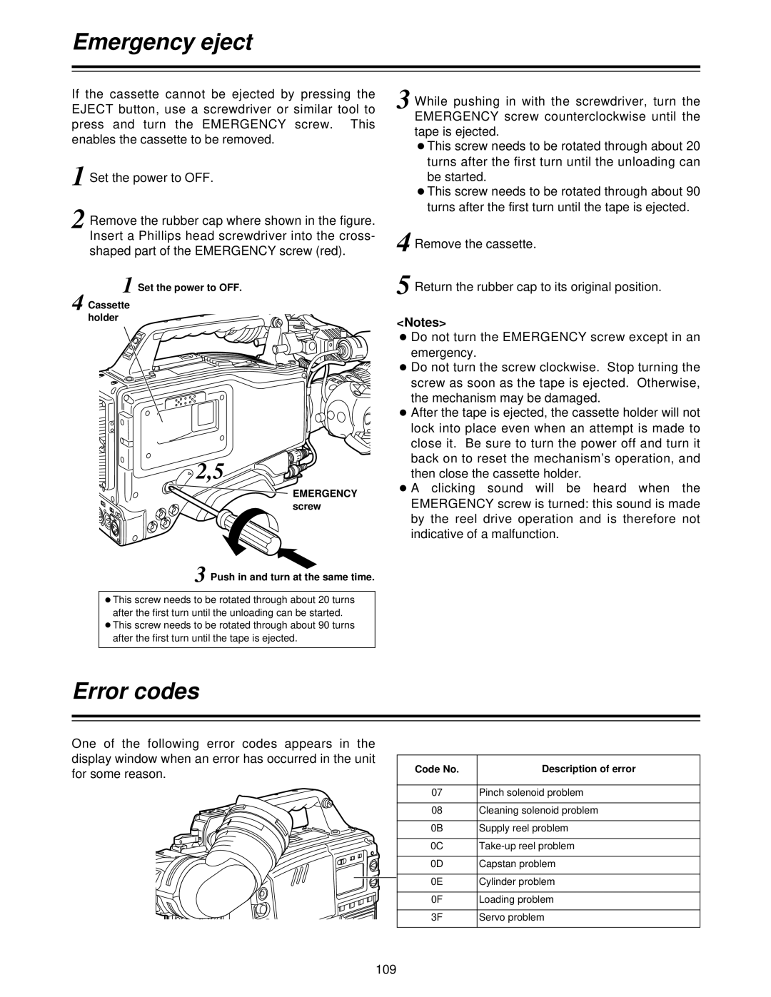 Panasonic AJ- P, AJ-HDC27V operating instructions Emergency eject, Error codes 