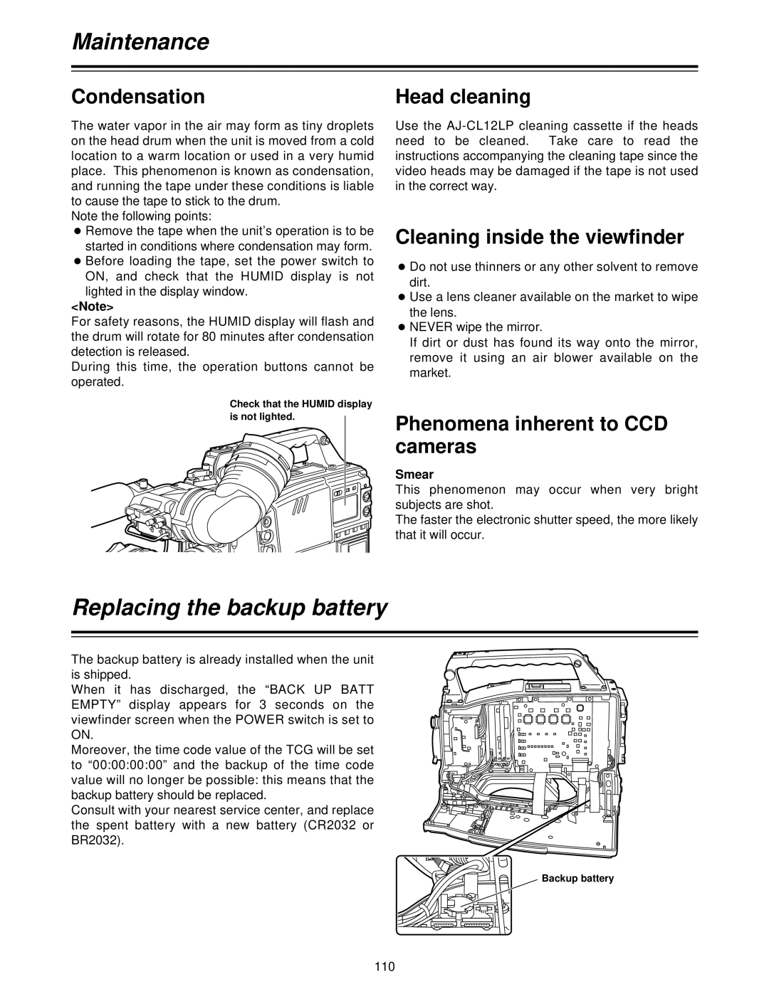 Panasonic AJ-HDC27V Maintenance, Replacing the backup battery, Condensation, Head cleaning, Cleaning inside the viewfinder 