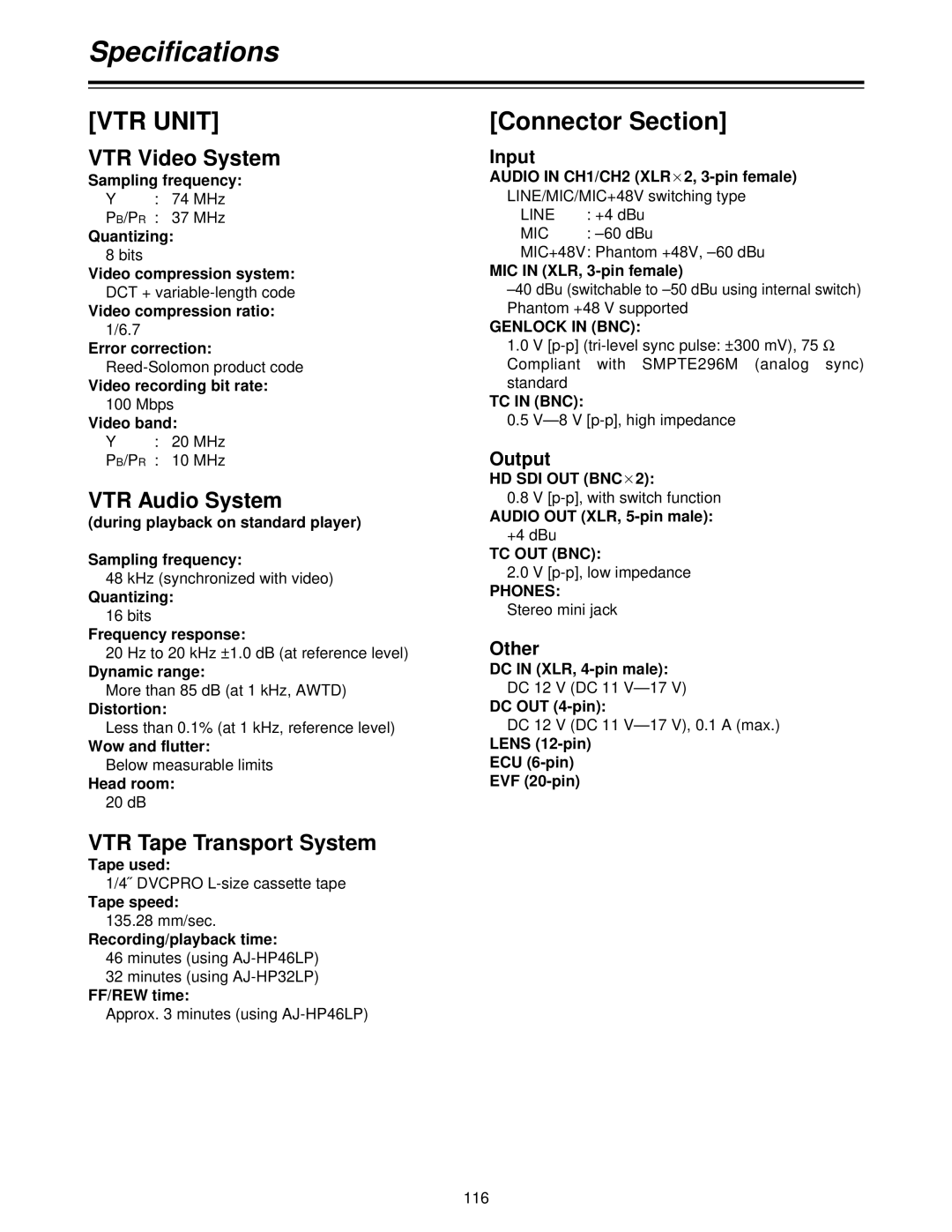 Panasonic AJ-HDC27V, AJ- P Connector Section, VTR Video System, VTR Audio System, VTR Tape Transport System 