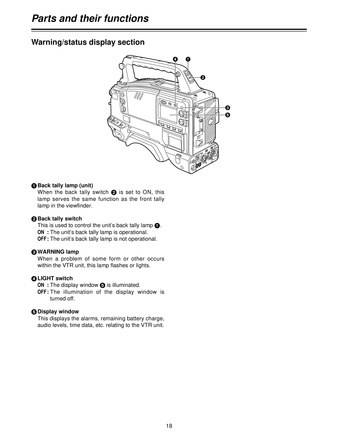 Panasonic AJ-HDC27V, AJ- P operating instructions Back tally lamp unit, Back tally switch, Light switch, Display window 