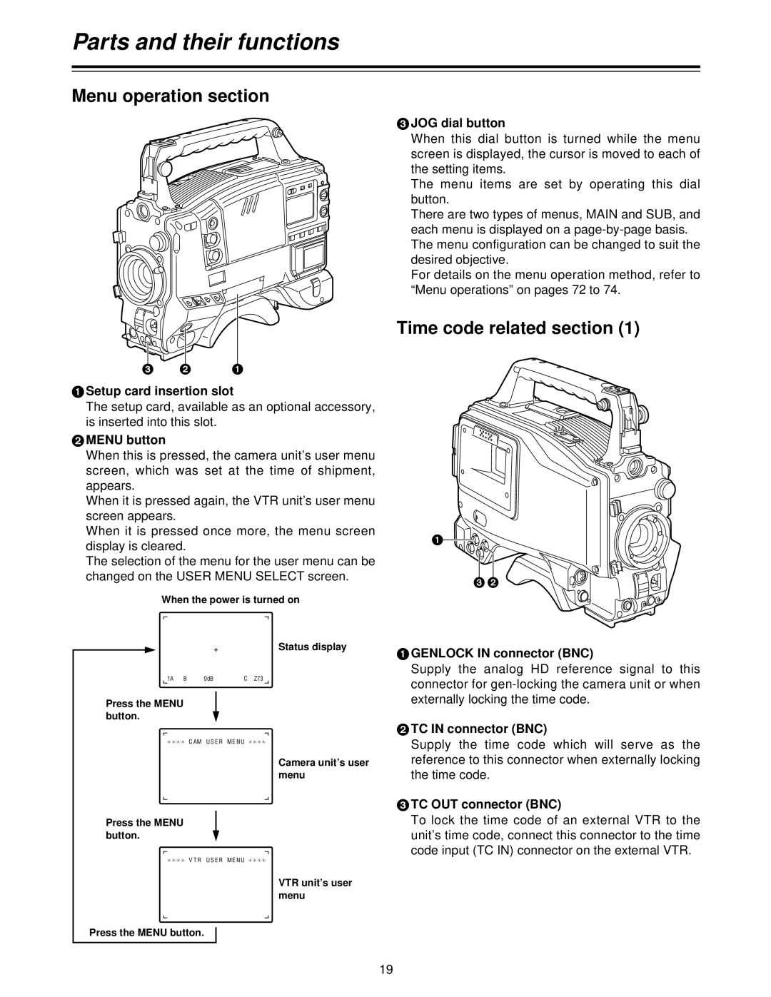 Panasonic AJ- P, AJ-HDC27V operating instructions Menu operation section, Time code related section 