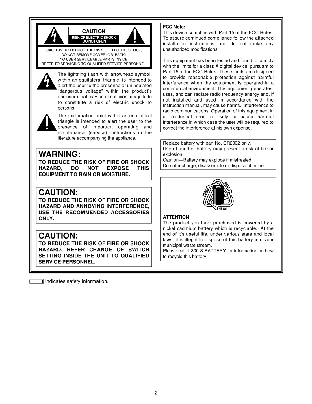 Panasonic AJ-HDC27V, AJ- P operating instructions Indicates safety information, Risk of Electric Shock Do not Open 