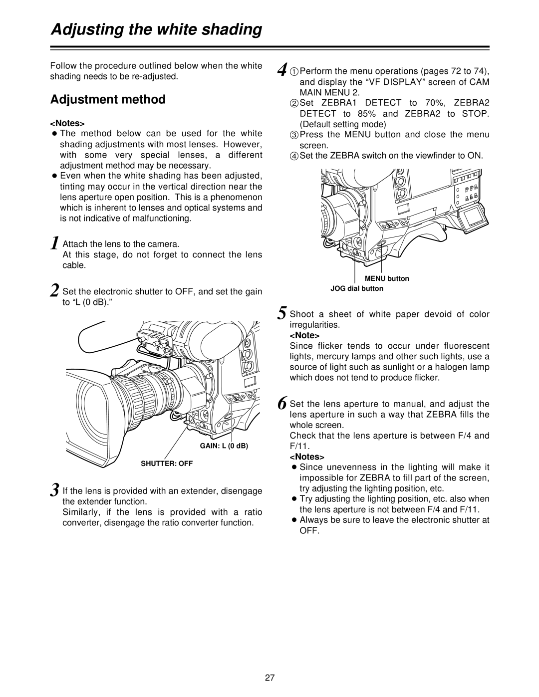 Panasonic AJ- P Adjusting the white shading, To L 0 dB, Shoot a sheet of white paper devoid of color irregularities 