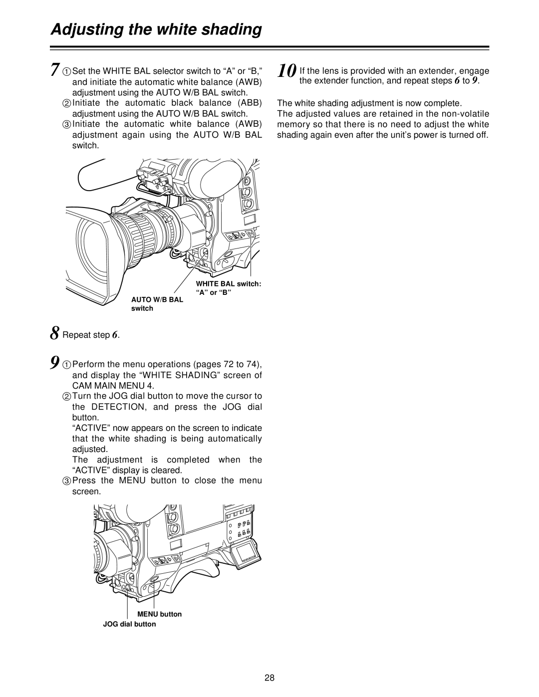 Panasonic AJ-HDC27V Extender function, and repeat steps, White shading adjustment is now complete, Repeat step, Switch 