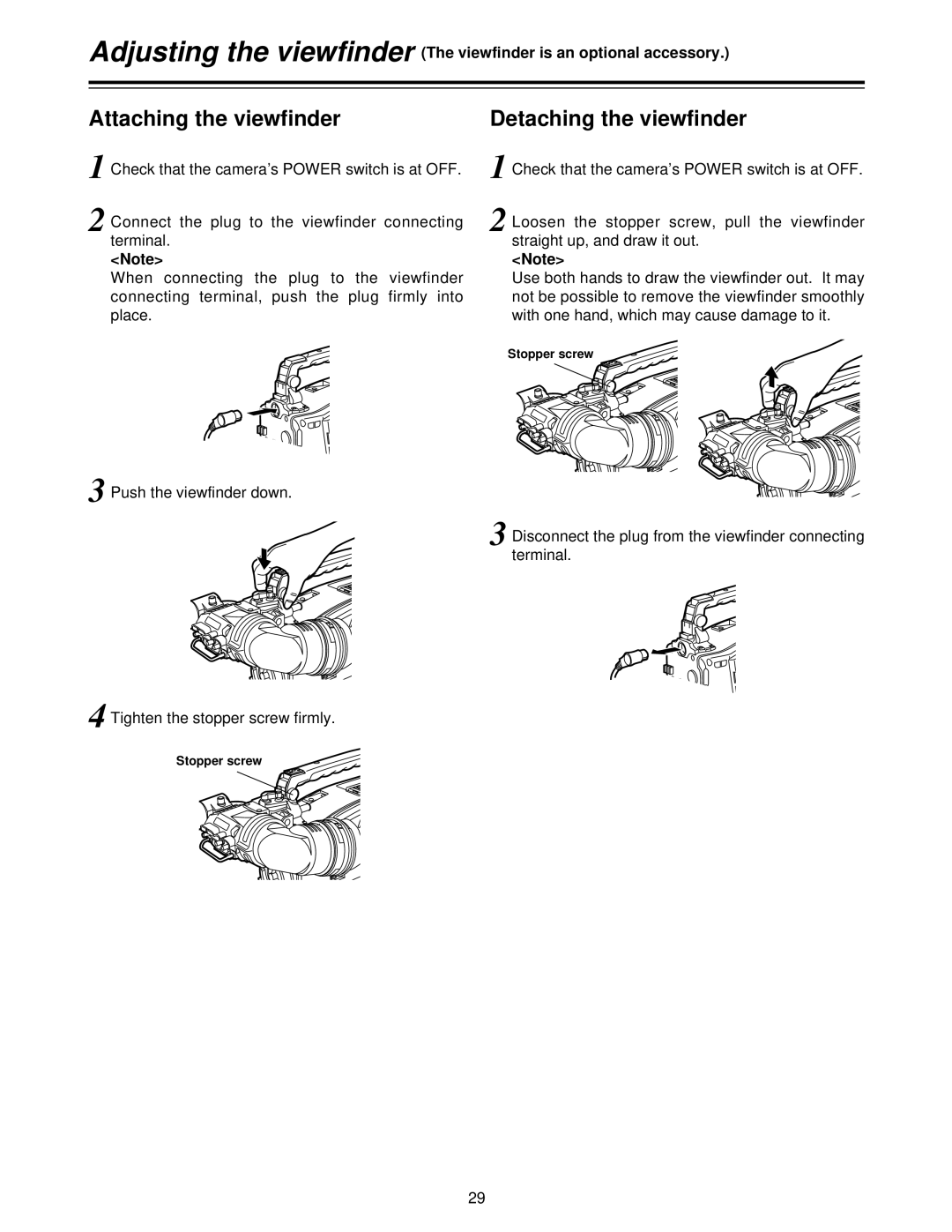 Panasonic AJ- P, AJ-HDC27V Adjusting the viewfinder, Attaching the viewfinder, Detaching the viewfinder, Stopper screw 