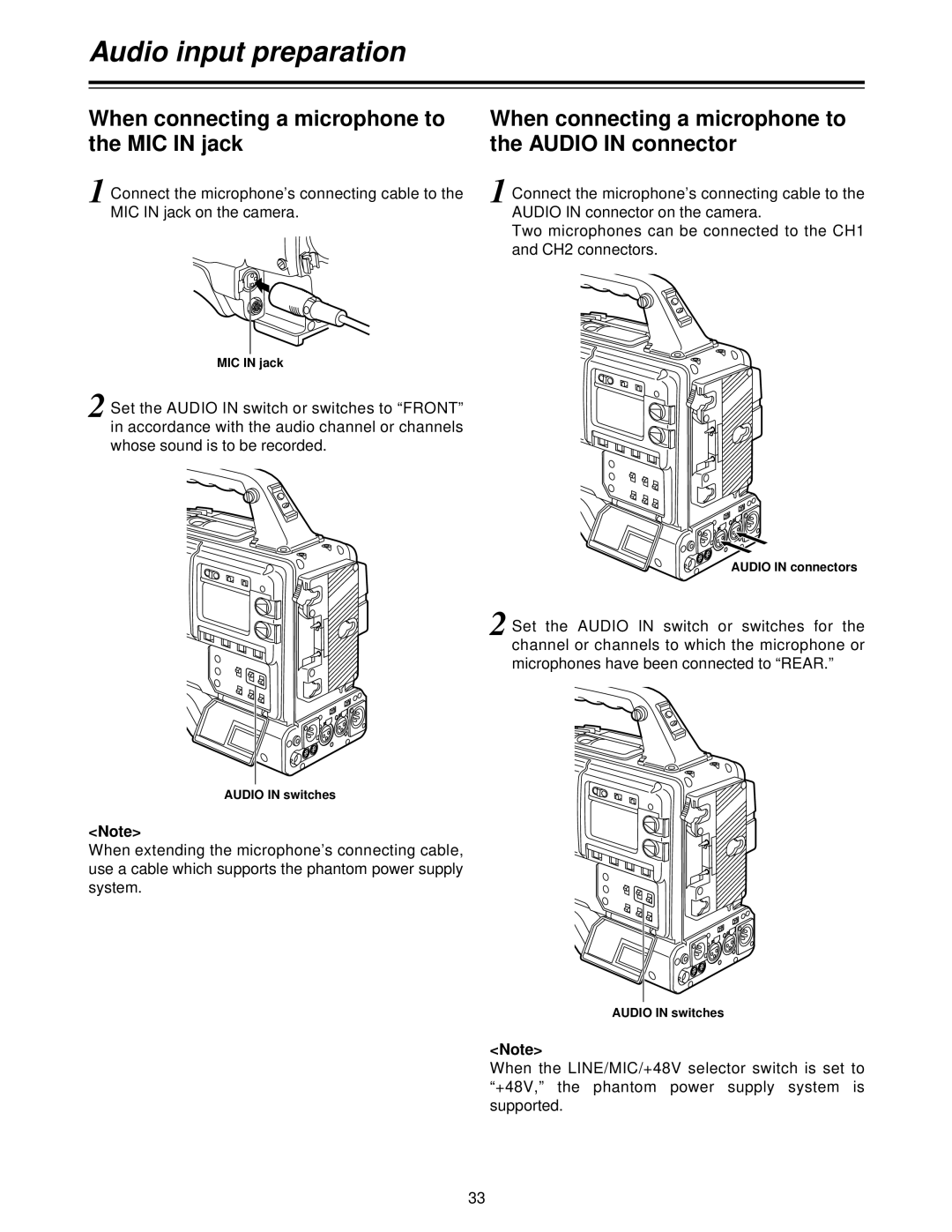 Panasonic AJ- P, AJ-HDC27V operating instructions When connecting a microphone to the MIC in jack, Audio in connectors 