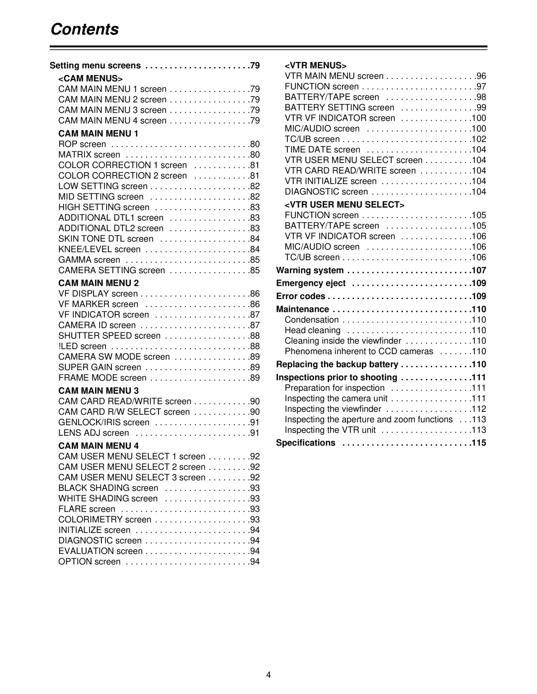 Panasonic AJ-HDC27V, AJ- P operating instructions Emergency eject, Error codes, Maintenance, 110, 111, Specifications 